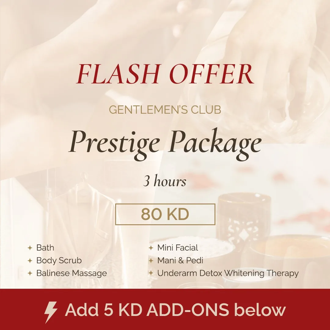 برستيج باكج (جاكوزي , سنفرة للجسم , مساج بالي , علاج تفتيح و تنقية الأبطين ,تنظيف البشرة المبسط , منكير بدكير)